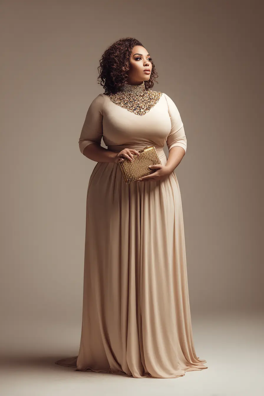 Embellished High-Neck Gown + Fluid Draping