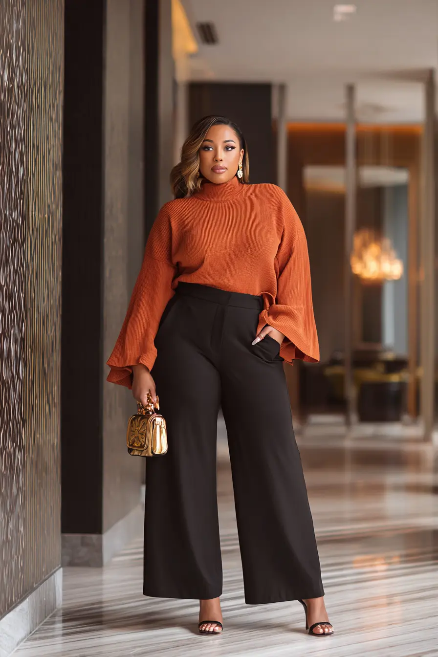 Rust Knit Sweater + Black Wide-Leg Trousers