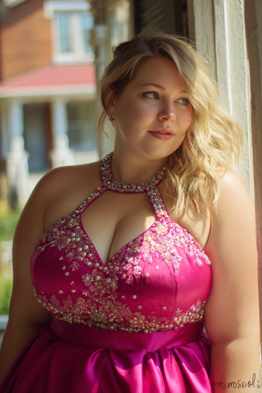 Beaded Halter Gown + Satin Finish