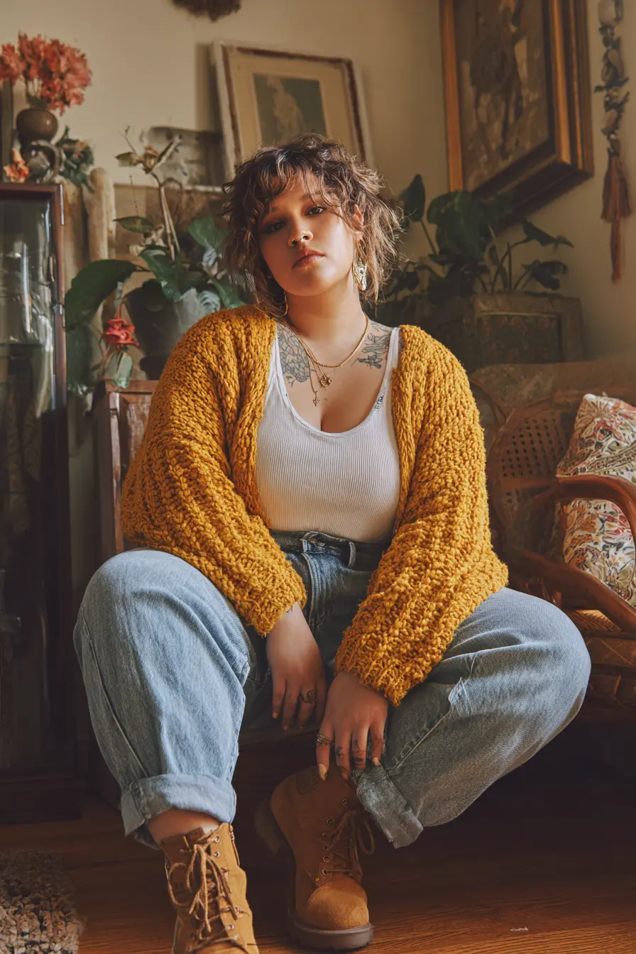 Mustard Knit Cardigan + Relaxed Denim