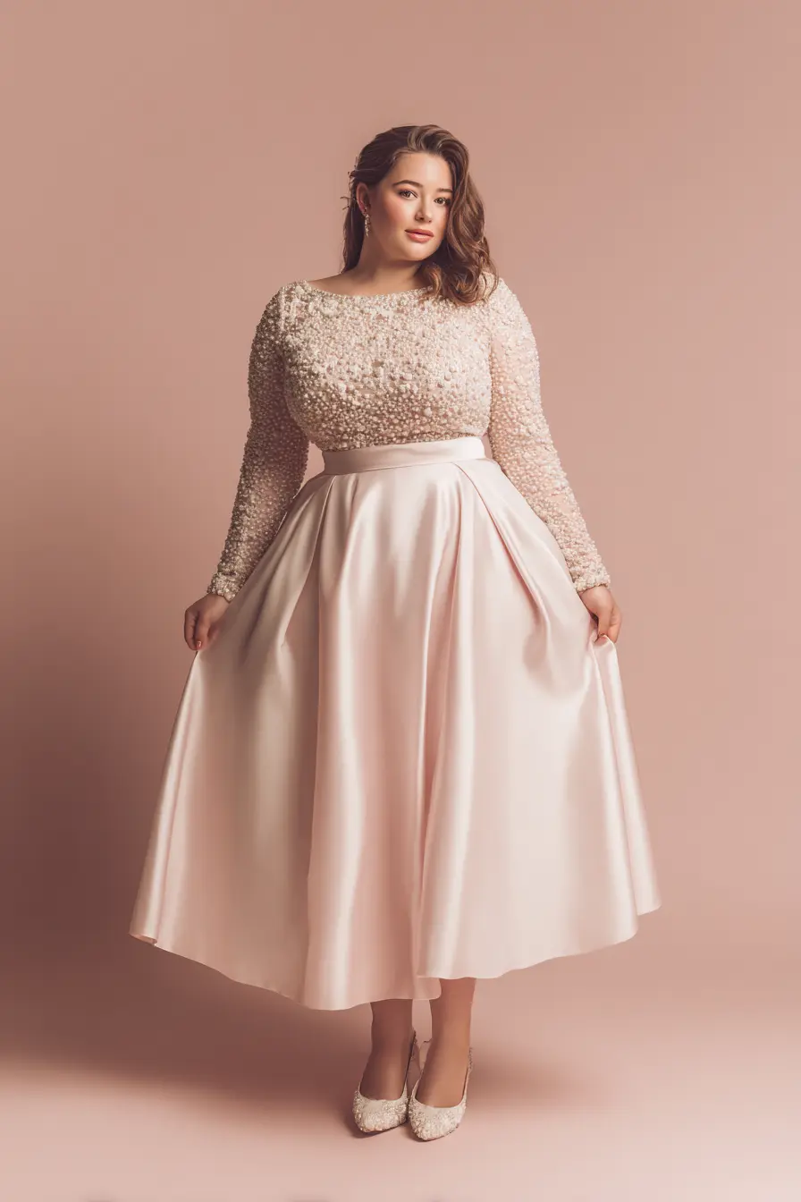 Textured Bodice Top + Satin Tea-Length Skirt
