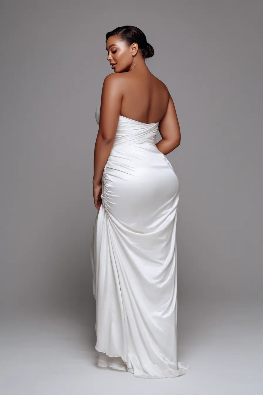 Strapless Satin Gown + Draped Back Detail