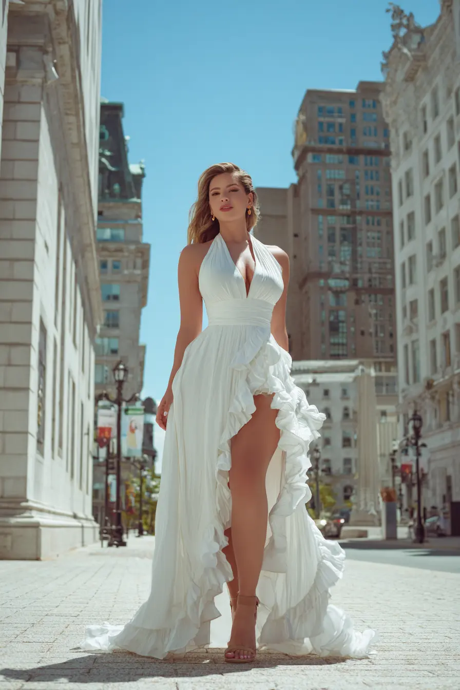 Ruffled High-Low Dress + Halter Neckline