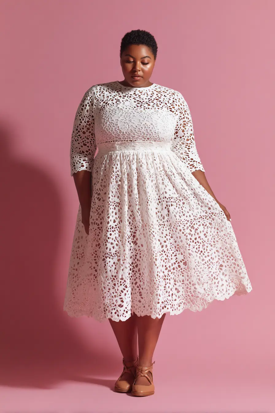 Laser-Cut Lace Midi Dress + Structured Waist