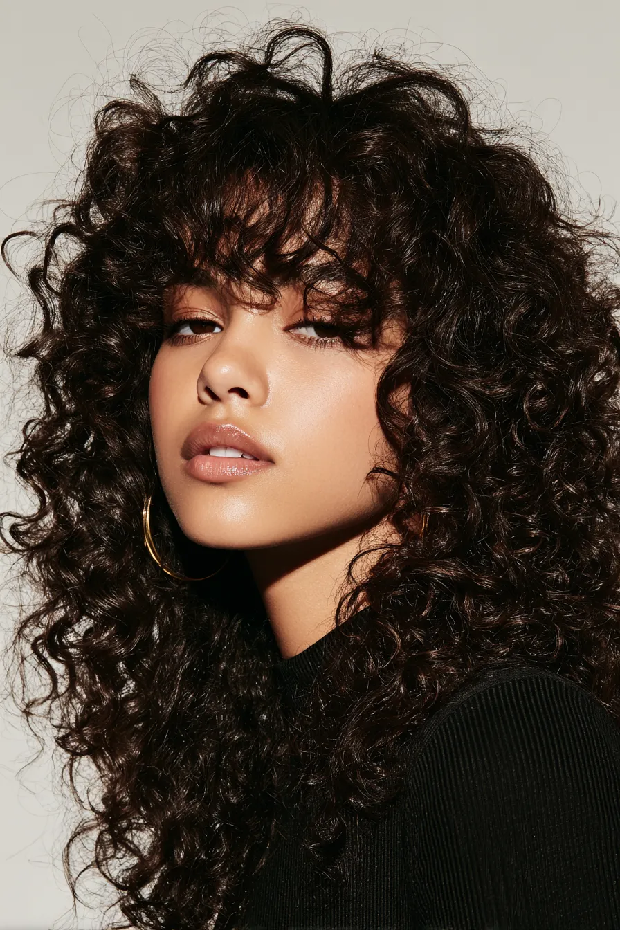 Voluminous Curls with Textured Curtain Fringe