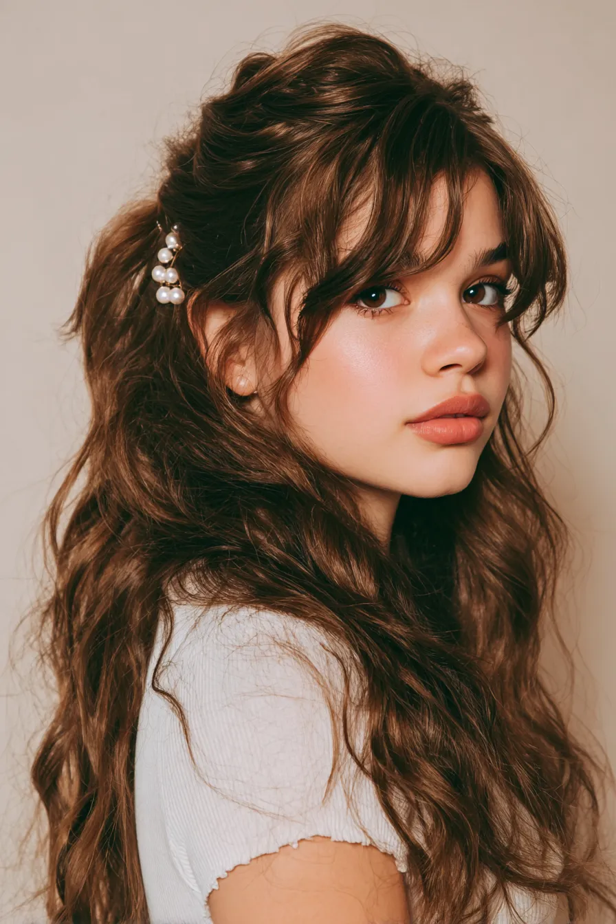 Wavy Half-Up with Framed Curtain Bangs