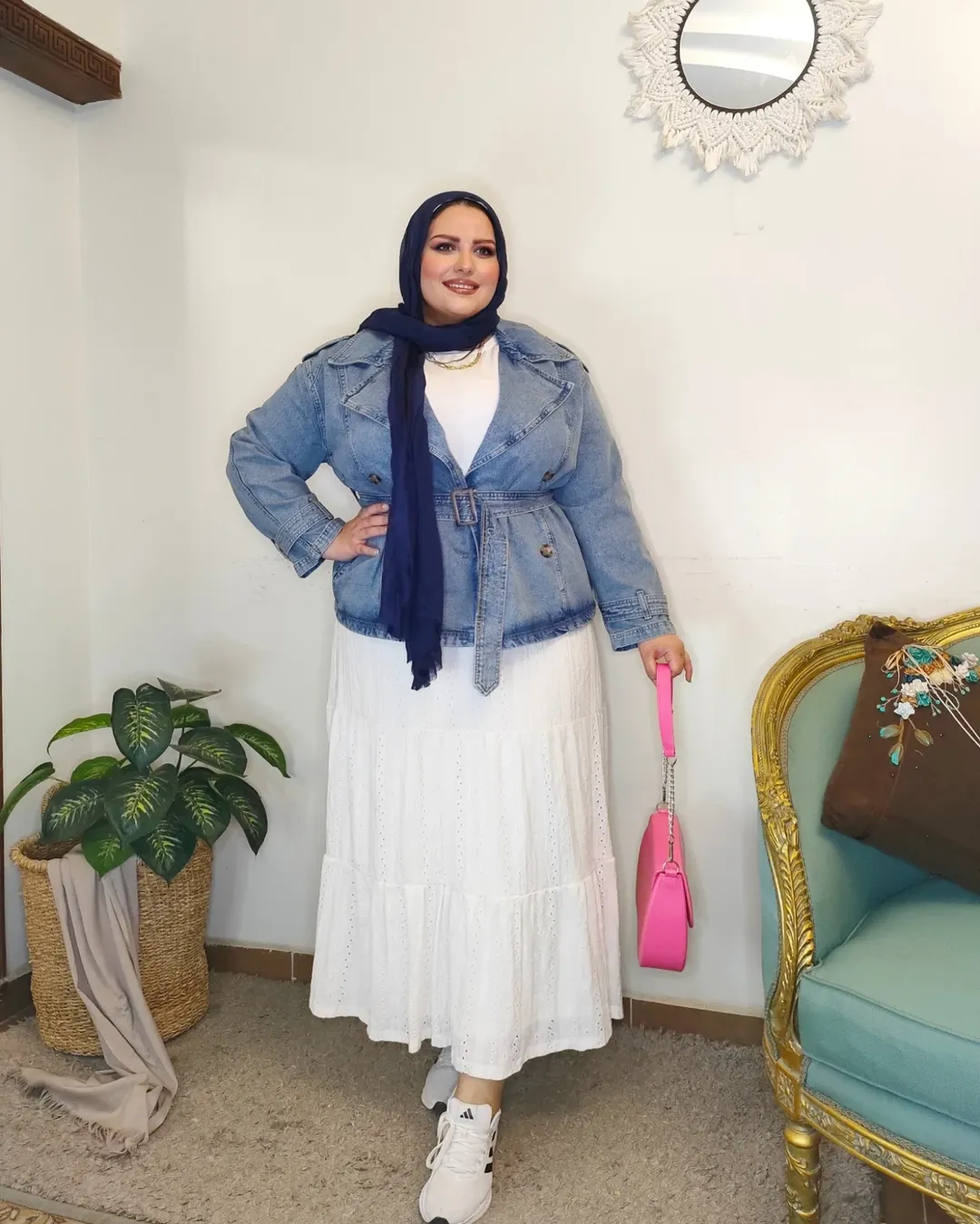 Belted Denim Jacket + White Tiered Skirt