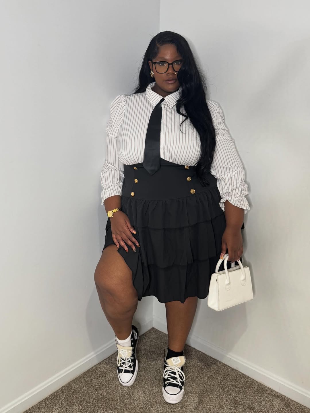 Striped Button-Down + Tiered Midi Skirt