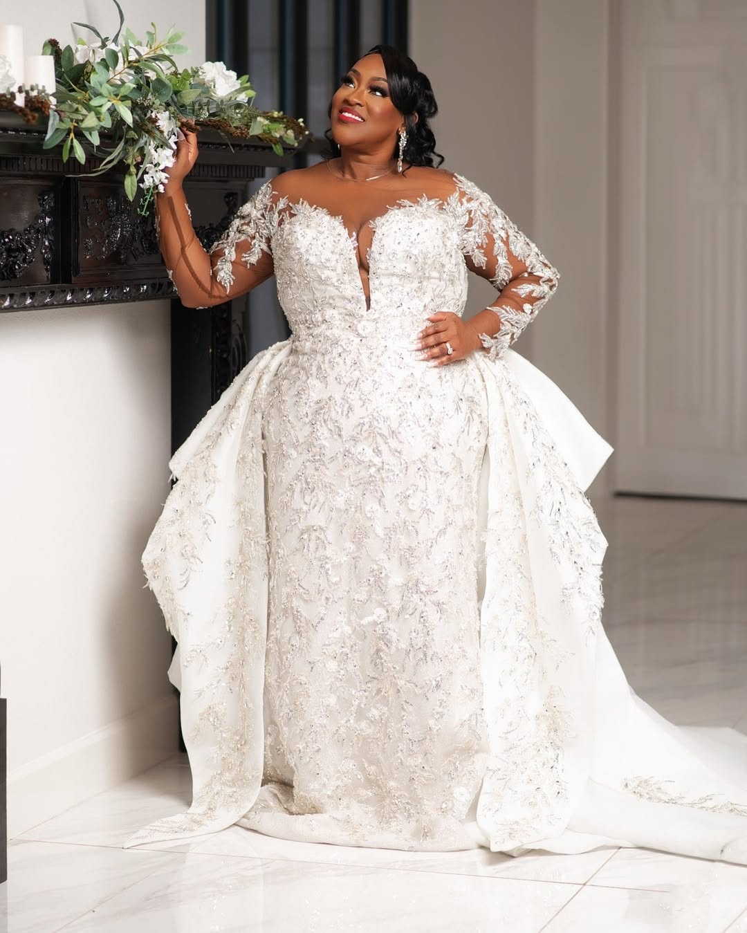 Beaded Off-Shoulder Bodice + Draped Overskirt Train