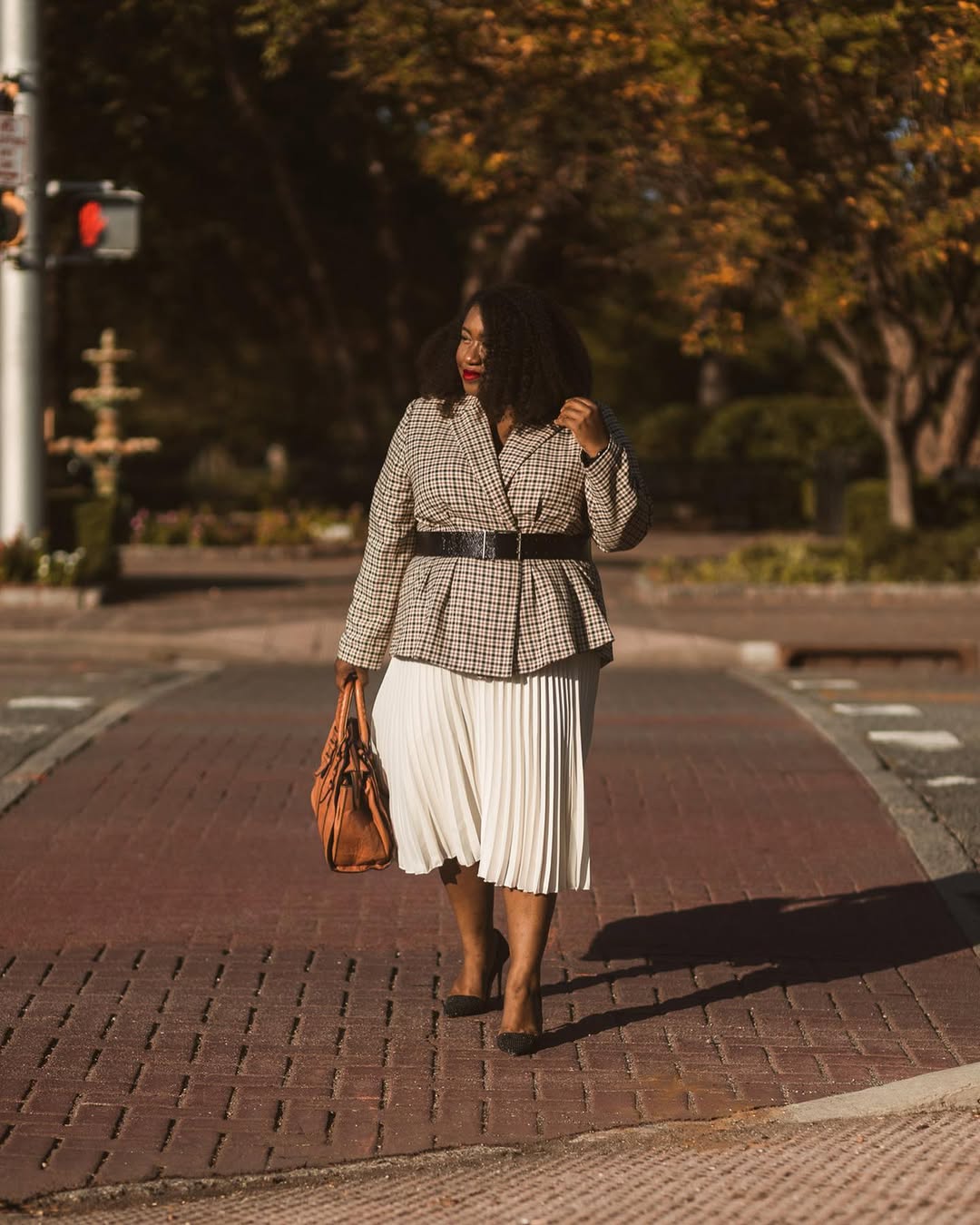Belted Check Blazer + Pleated Midi Skirt