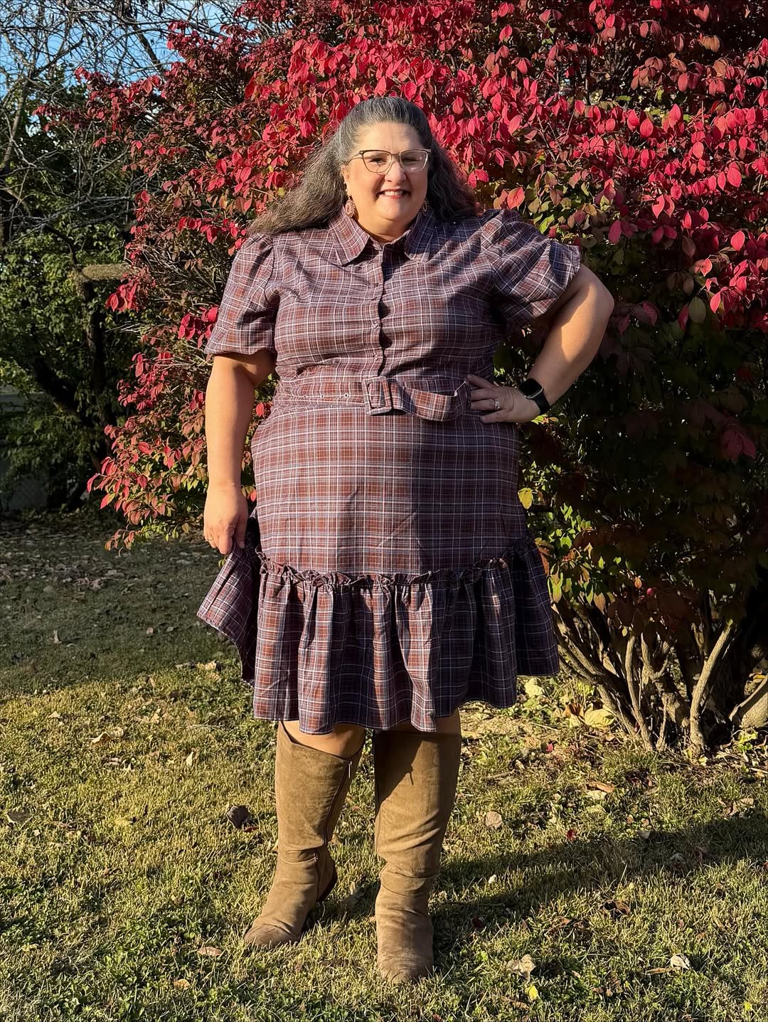 Berry Flannel Dress + Suede Knee Boots