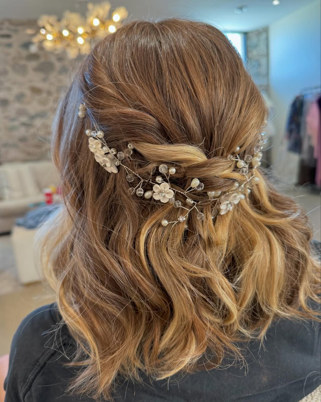 Bride with Twisted Floral Half-Up Waves