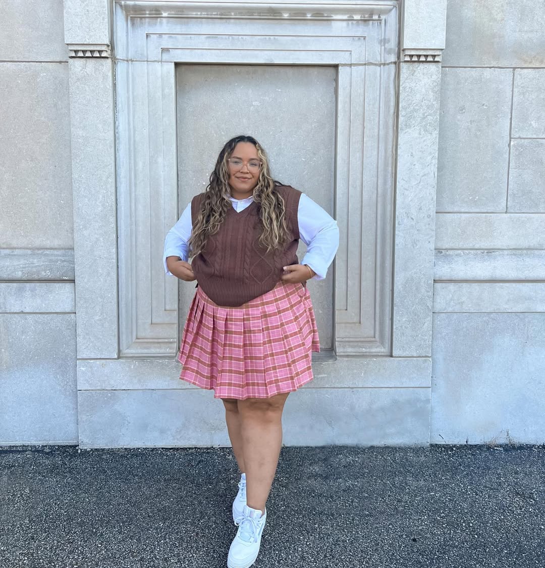 Cable-Knit Sweater Vest + Pink Plaid Mini Skirt