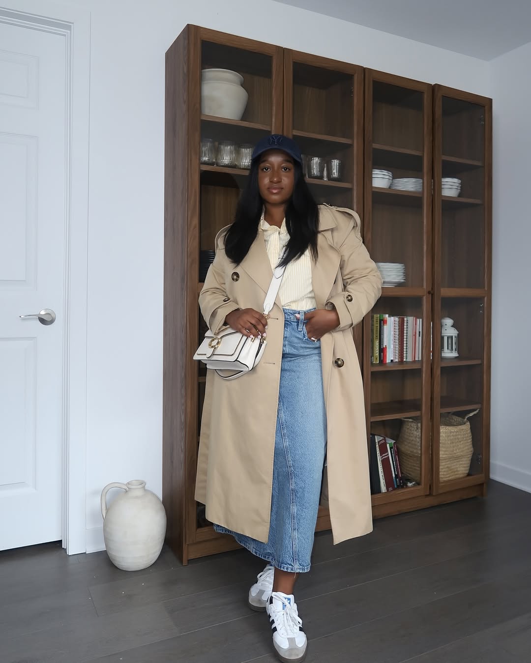 Long Trench Coat + Denim Midi Skirt