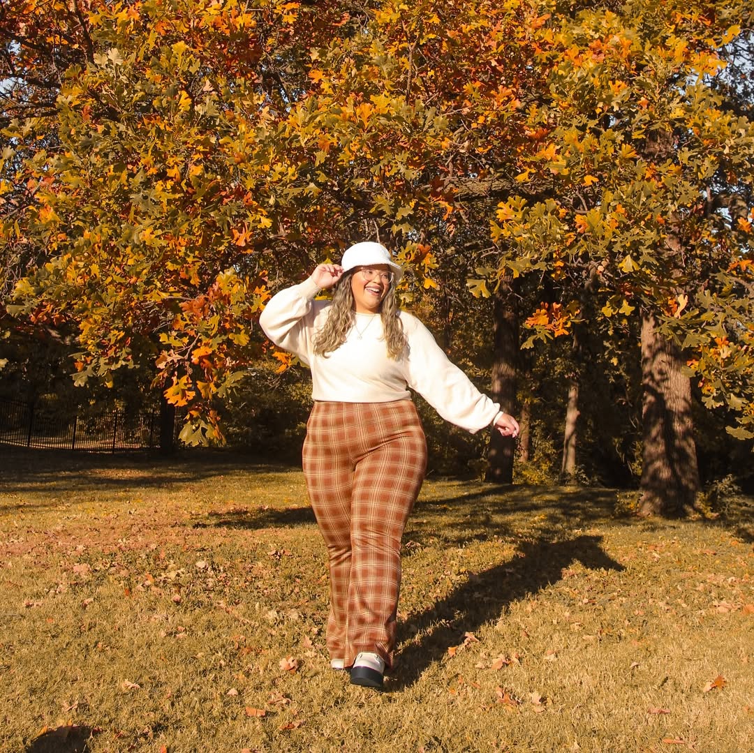 Cream Knit Pullover + Plaid Flare Pants