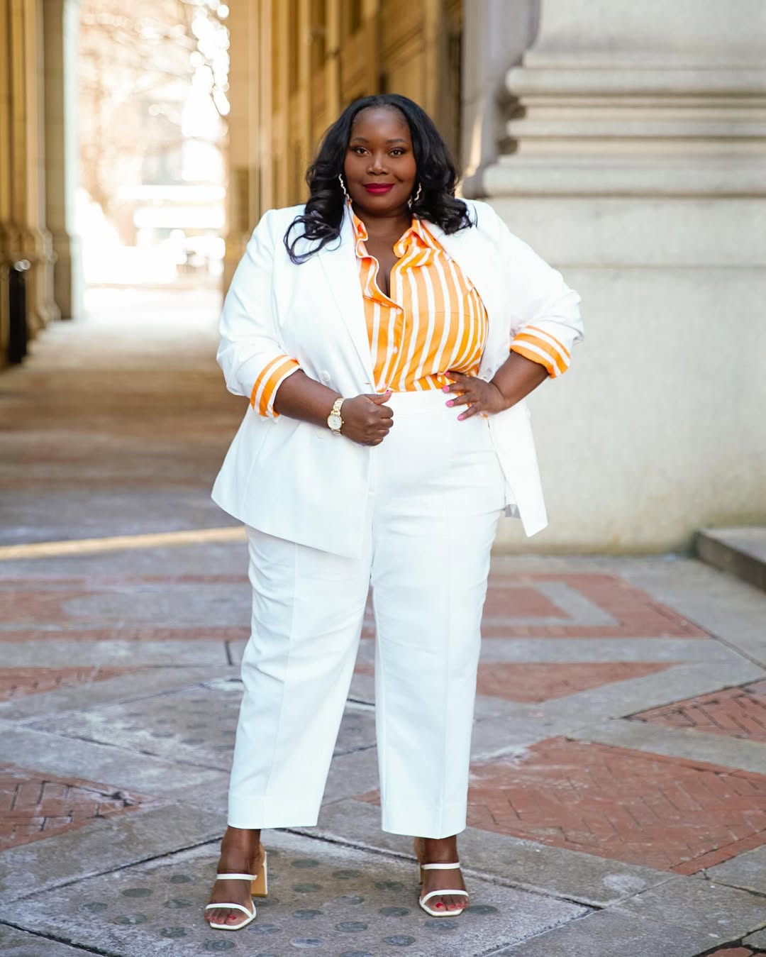 Crisp White Suit Set + Striped Statement Blouse