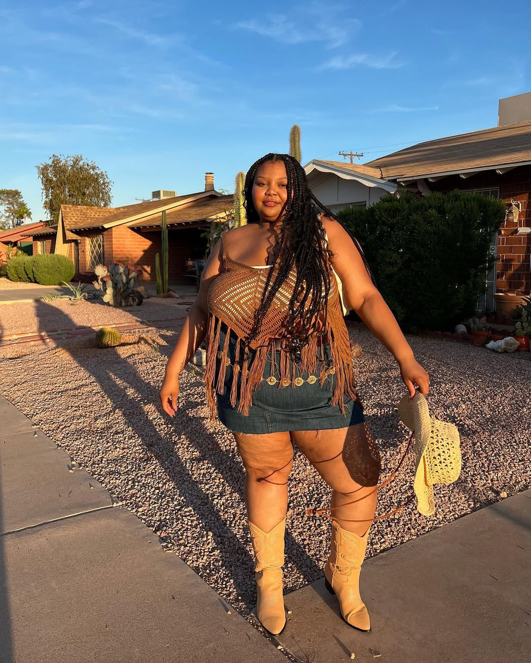 Crochet Fringe Top + Denim Mini Skirt