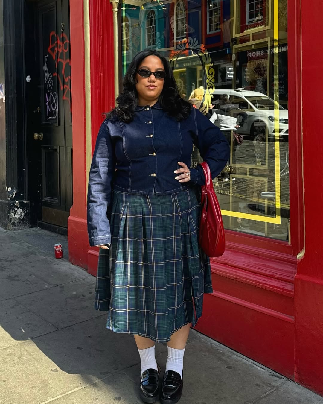 Denim Button Jacket + Tartan Midi Skirt