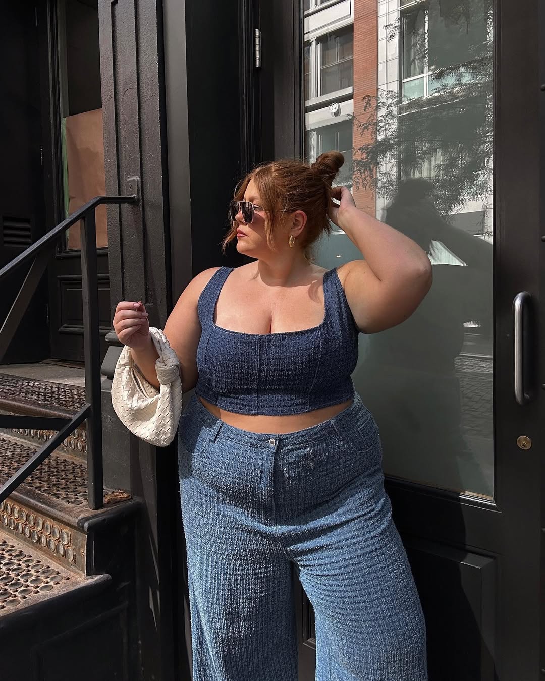 Textured Denim Crop Top + Relaxed Denim Trousers