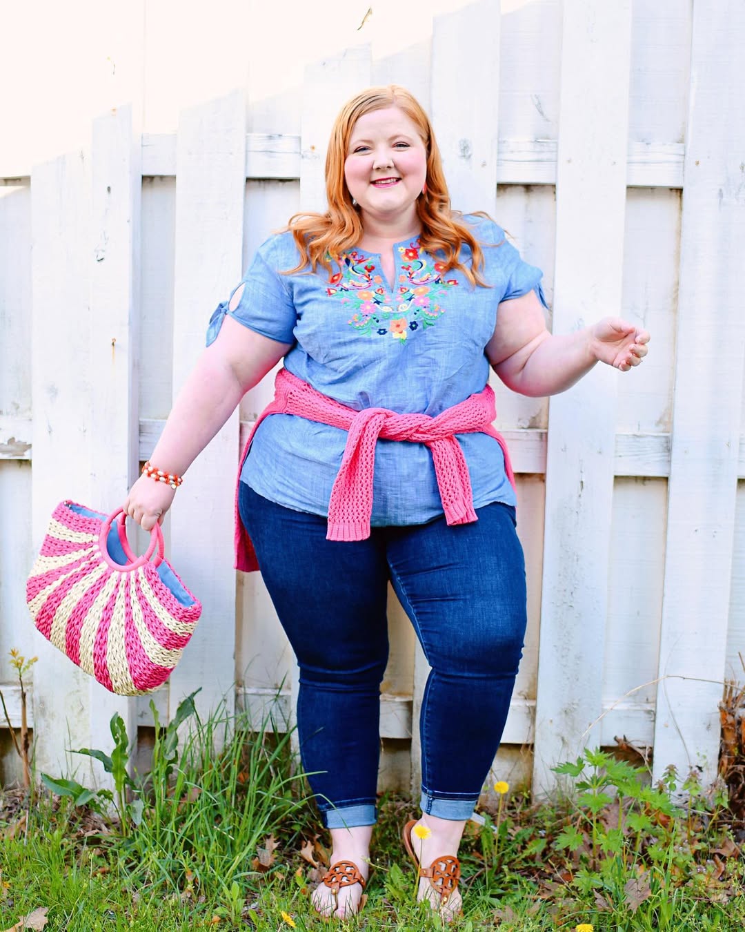 Embroidered Chambray Top + Cuffed Skinny Jeans