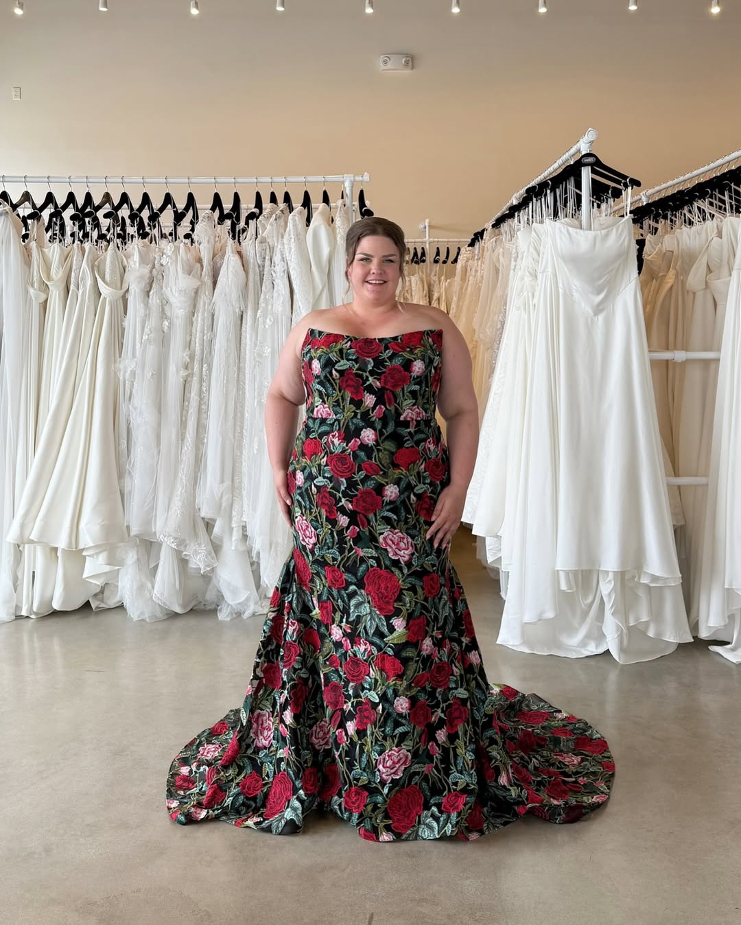 Embroidered Rose Gown + Sculpted Strapless Neckline