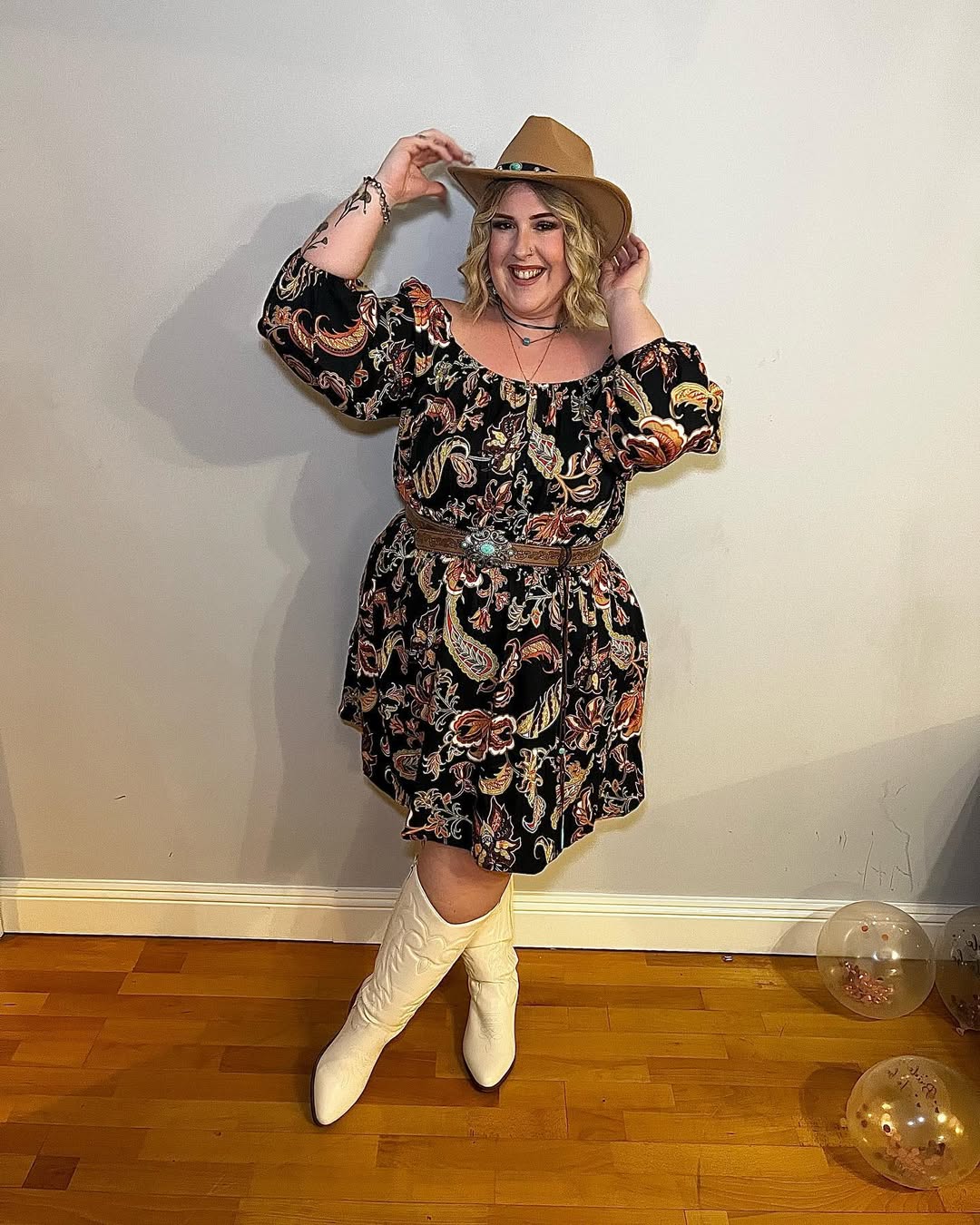 Felt Hat + Paisley Mini Dress