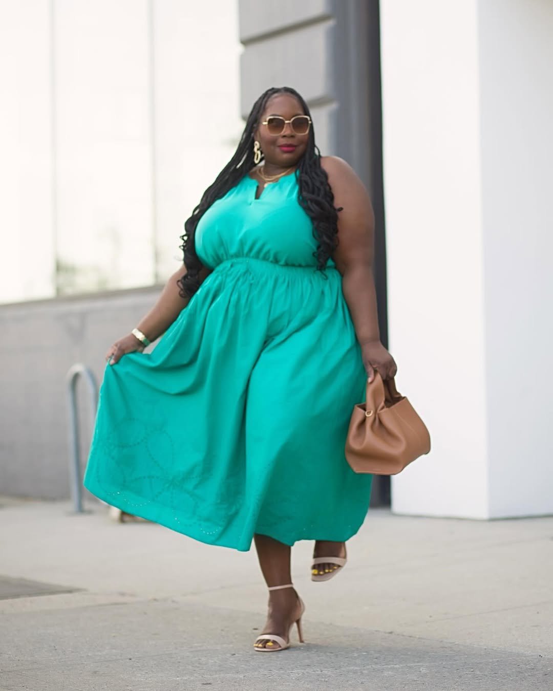 Flowy Teal Midi Dress + Neutral Heeled Sandals