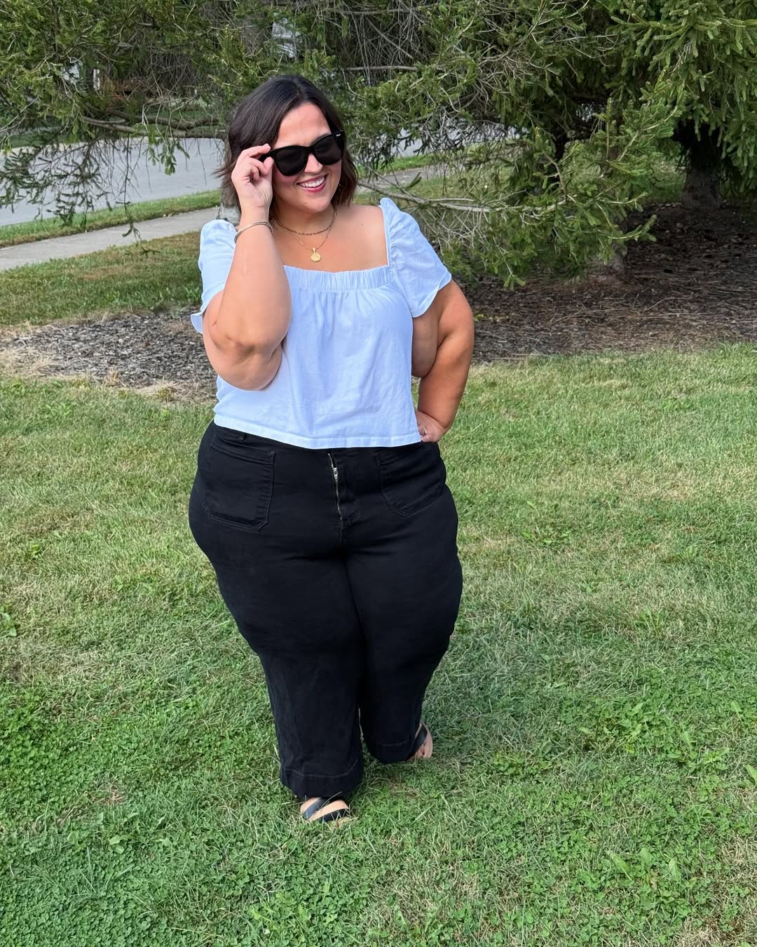 Square-Neck Blouse + Relaxed Black Denim