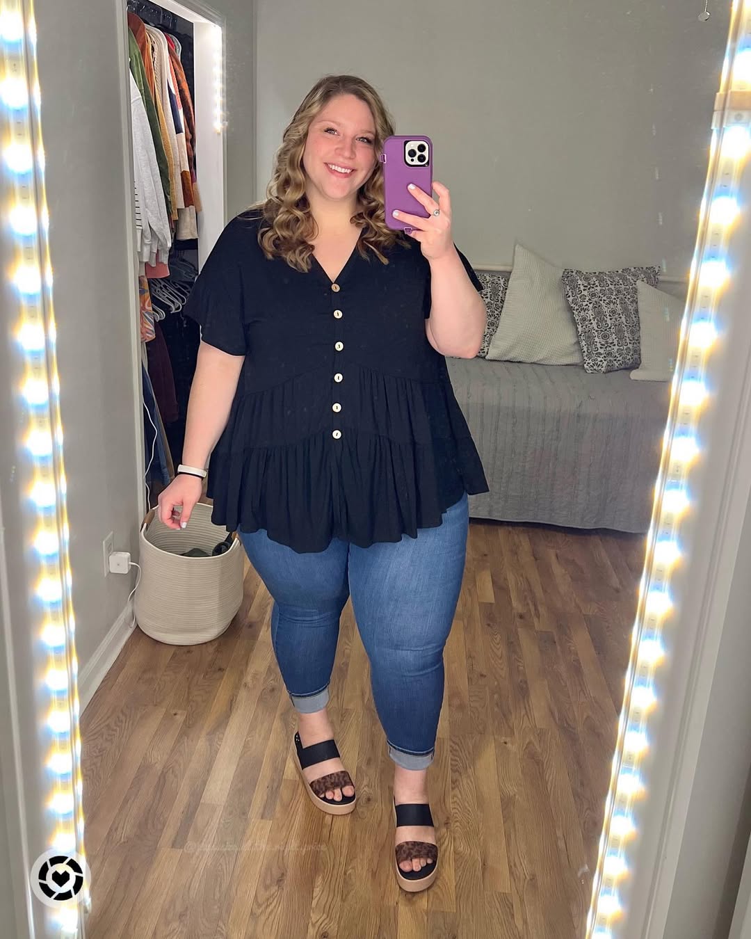 Flowy Button-Front Blouse + Cropped Denim