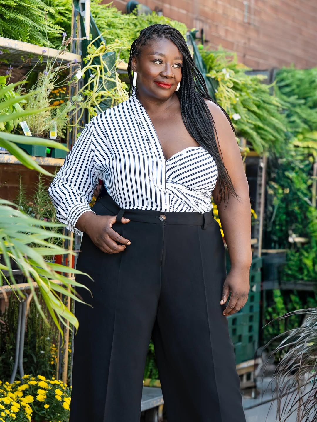 Asymmetric Striped Blouse + Wide-Leg Trousers