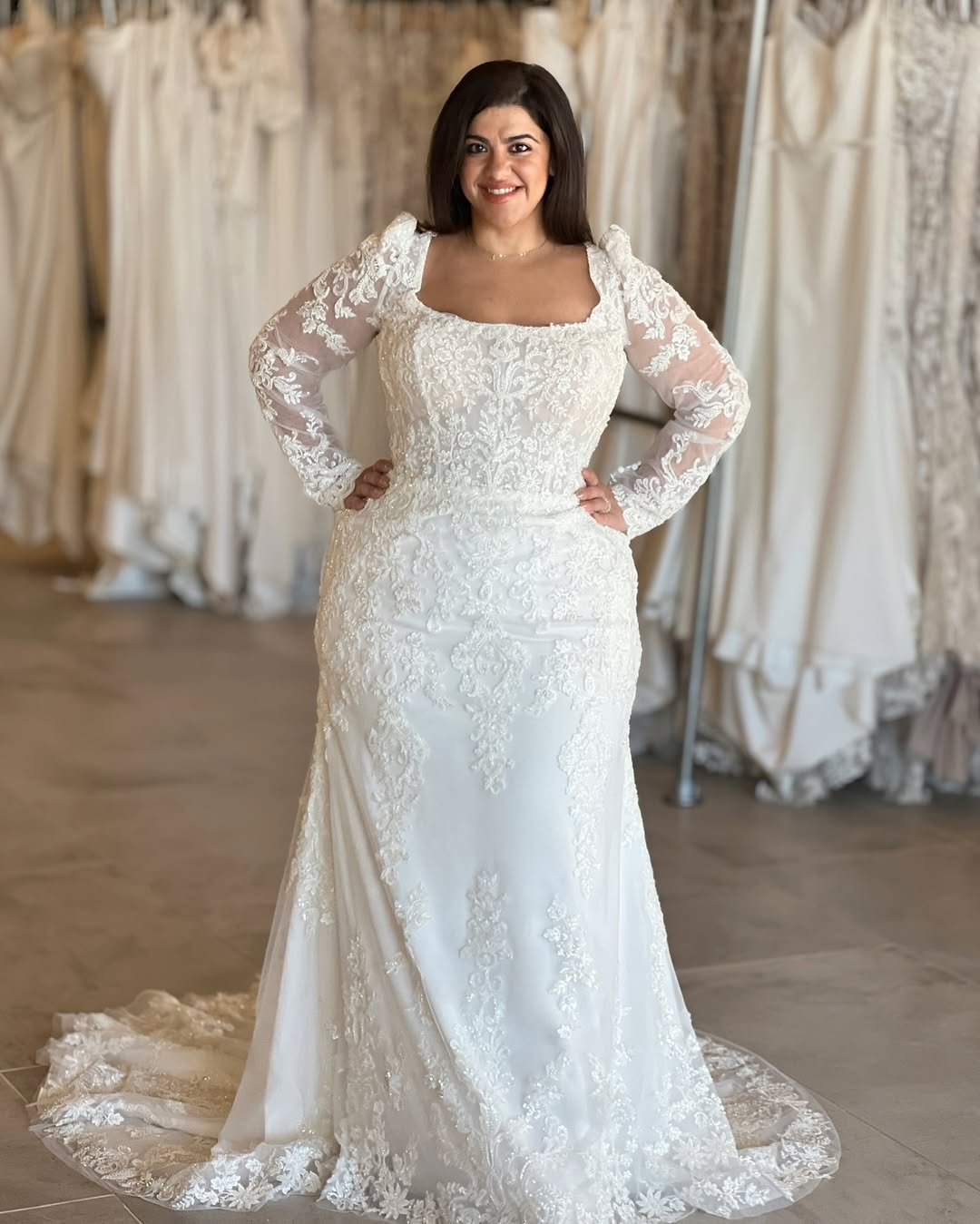 Lace Sleeve Column Gown + Square Neck Detail