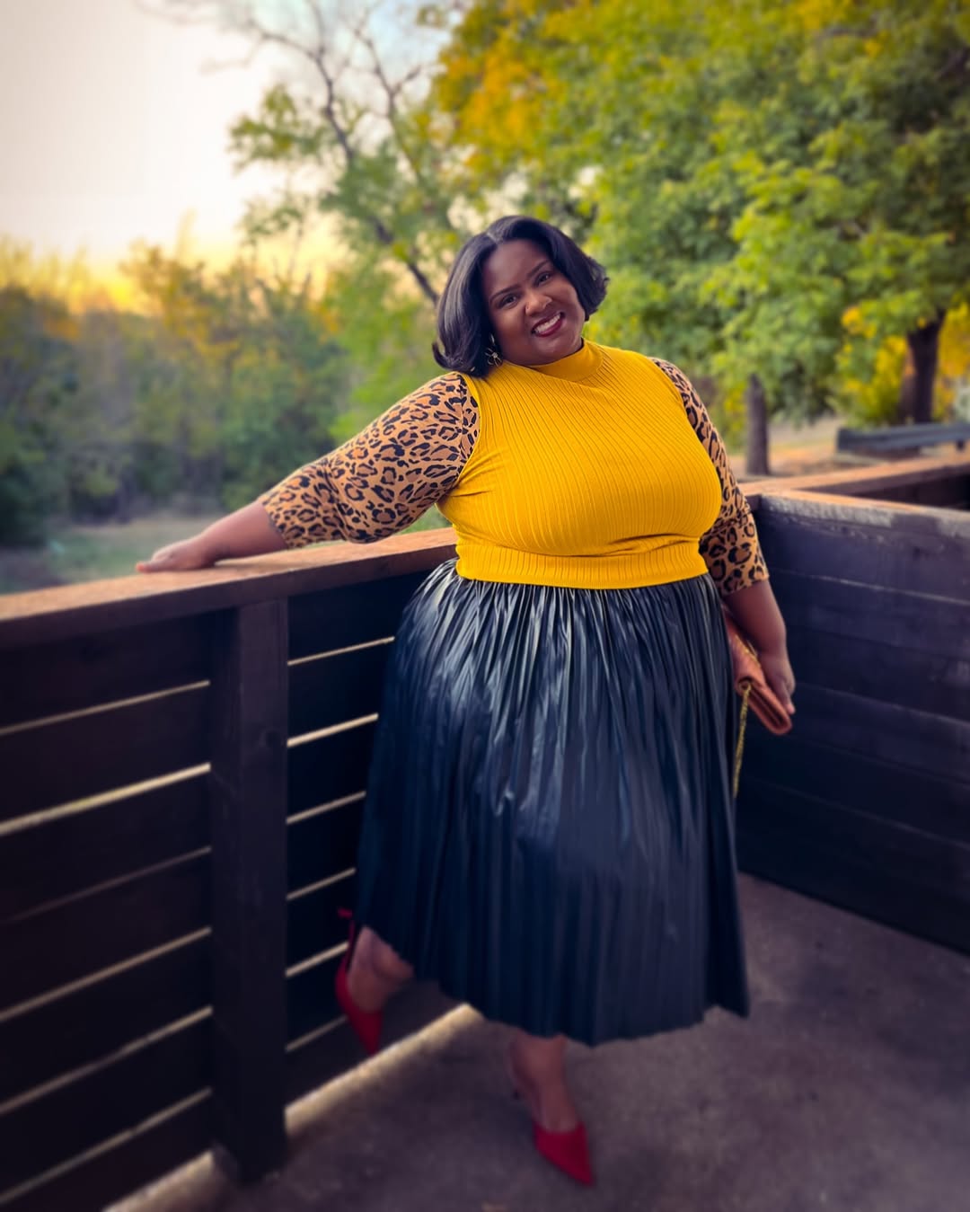 Leopard-Sleeve Knit Top + Pleated Midi Skirt
