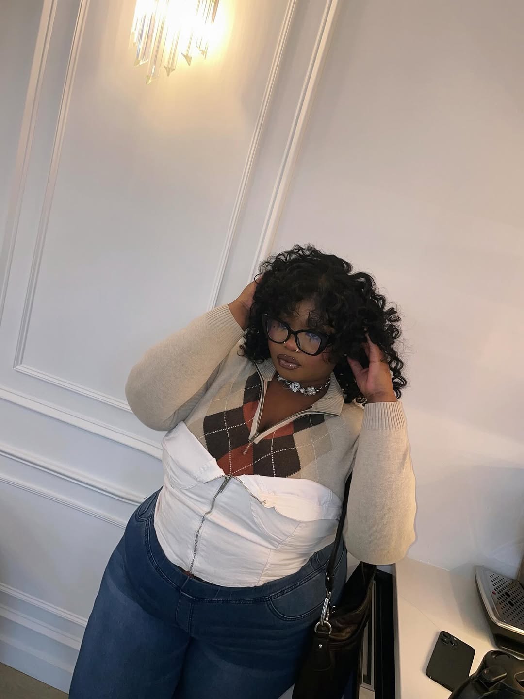 Layered Argyle Zip-Up + High-Rise Denim