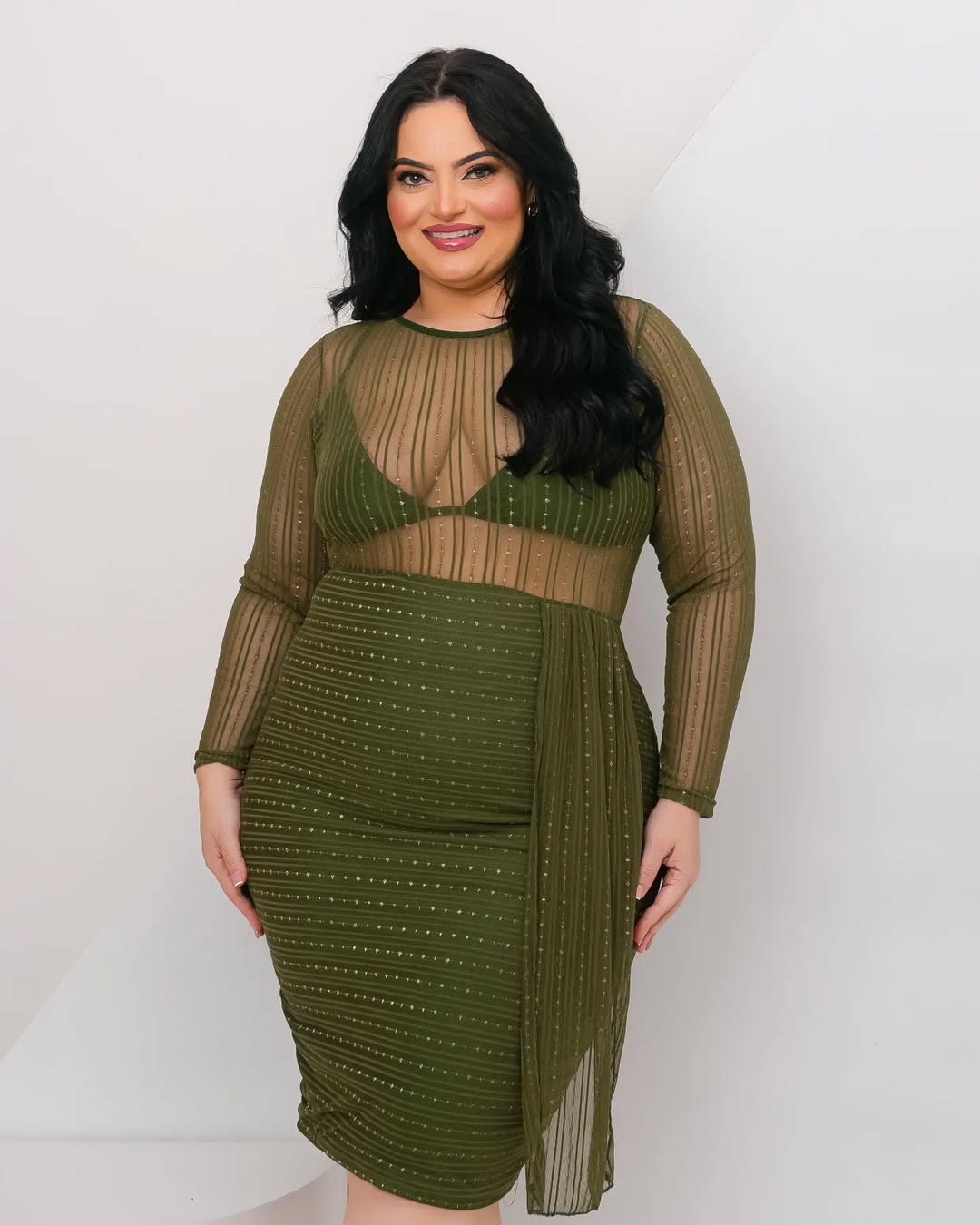 Sheer Olive Mesh Dress + Curve-Shaping Stretch Skirt