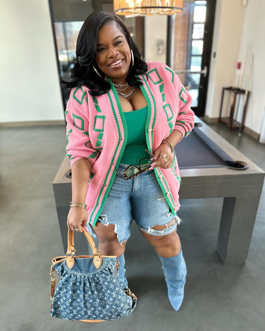 Graphic Pink Cardigan + Distressed Denim Shorts