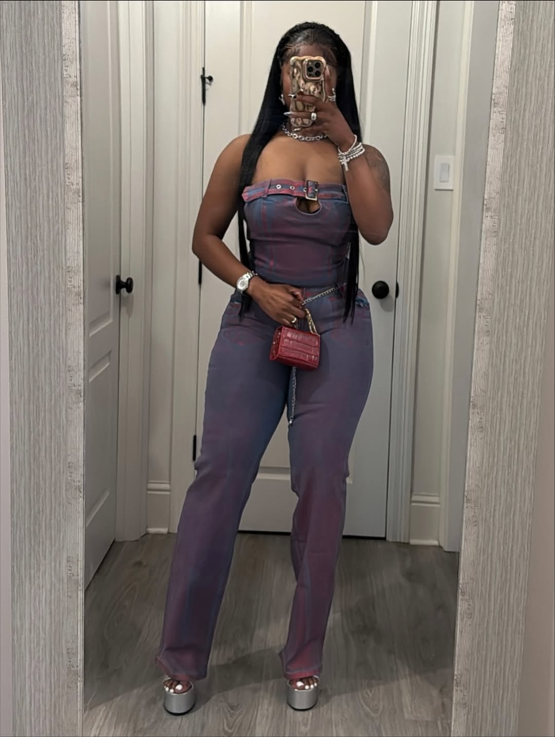 Metallic Denim Strapless Set + Sculpted Straight Leg