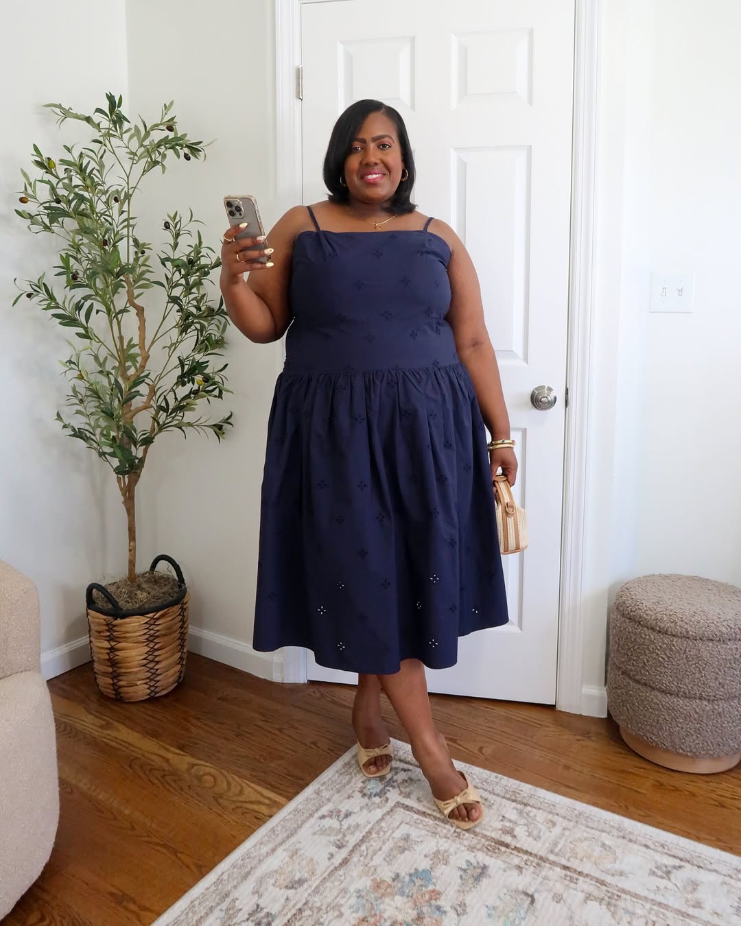 Navy Eyelet Midi Dress + Neutral Slide Sandals