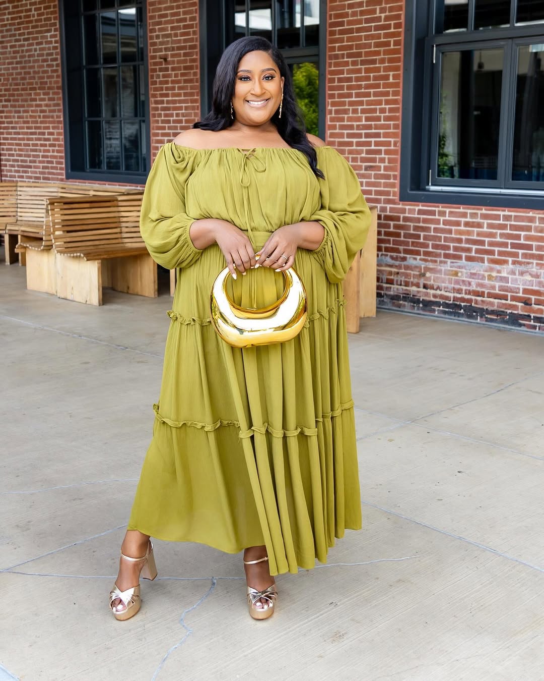 Off-Shoulder Tiered Maxi + Metallic Platforms