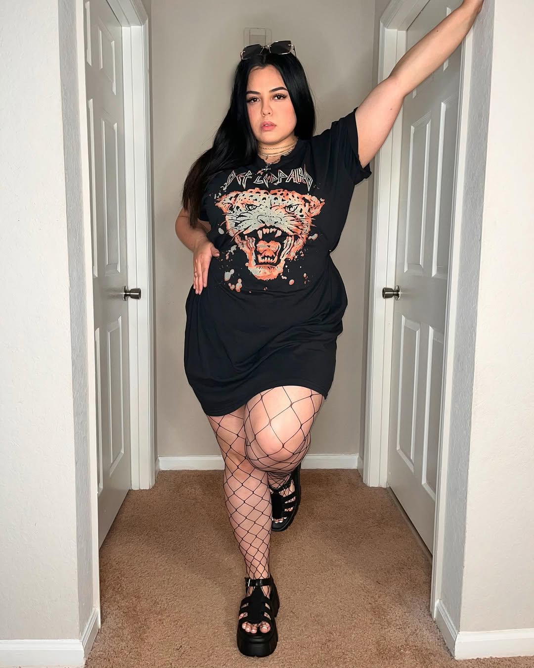 Oversized Band Tee Dress + Fishnet Texture