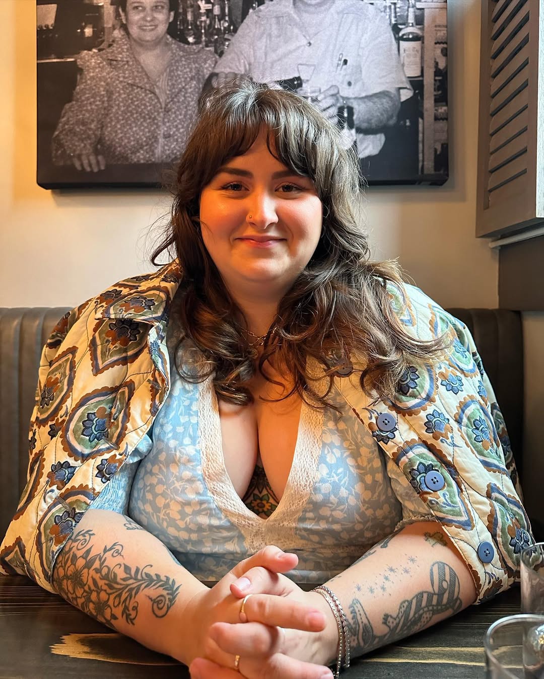 Patterned Quilt Jacket + Soft Lace-Trim Blouse