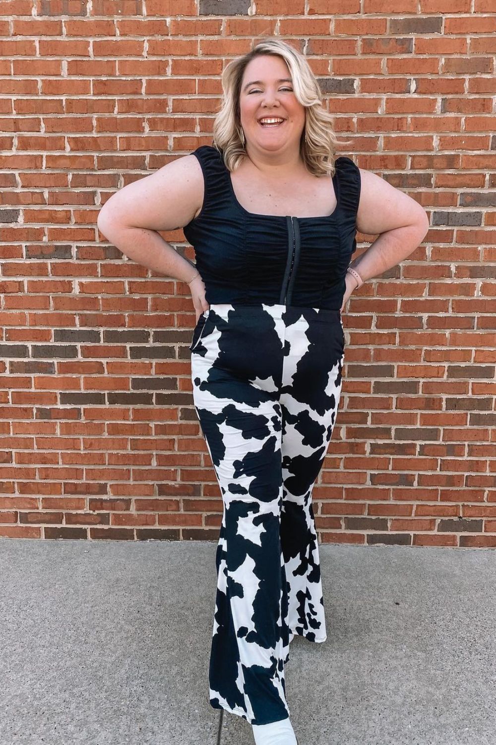 Ruched Knit Bodysuit + Cow-Print Flares