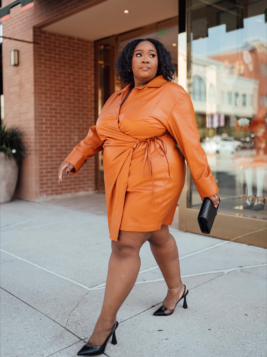 Cinnamon Faux-Leather Wrap Dress + Sleek Heels