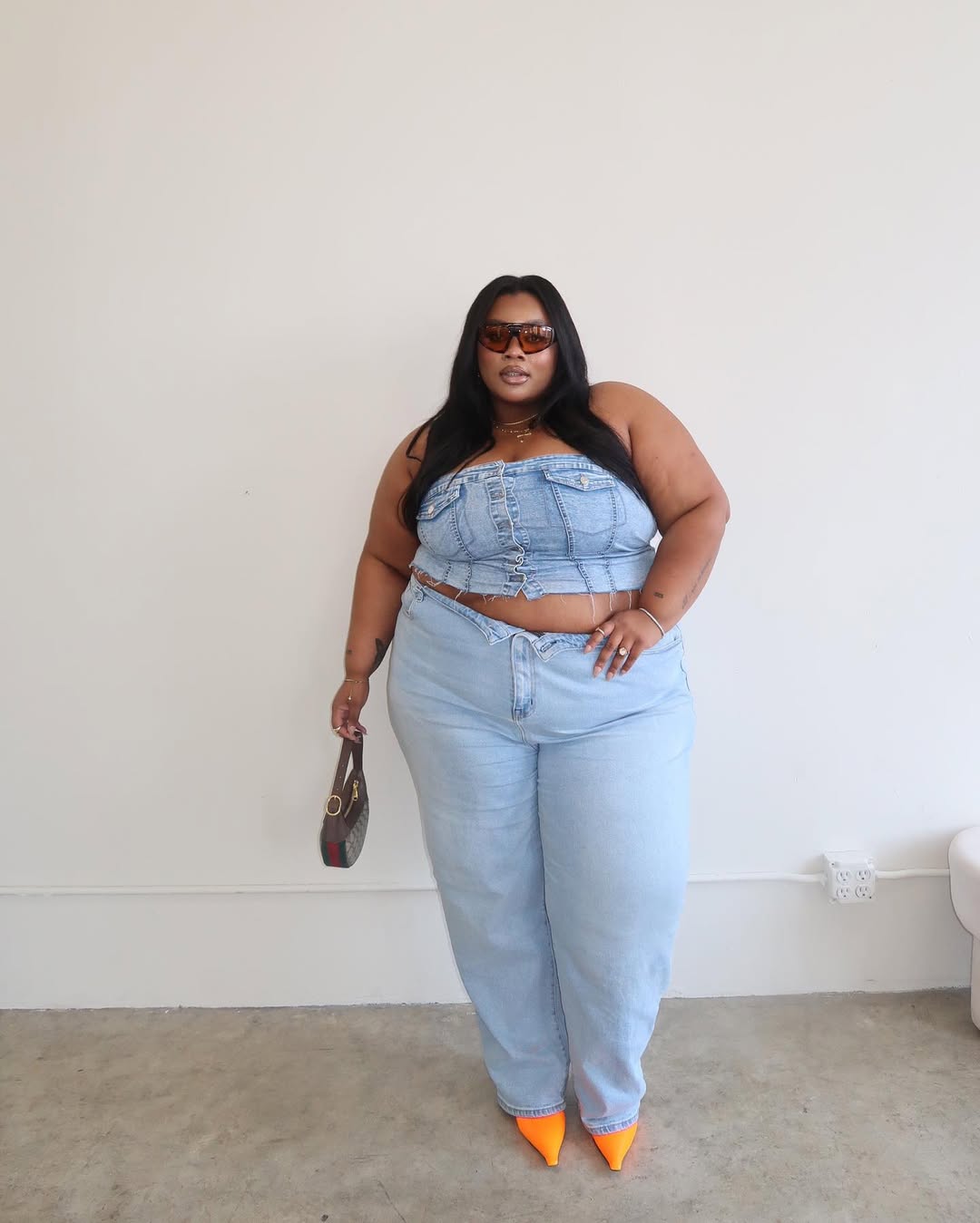 Raw-Edged Denim Bandeau + Relaxed Light-Wash Jeans