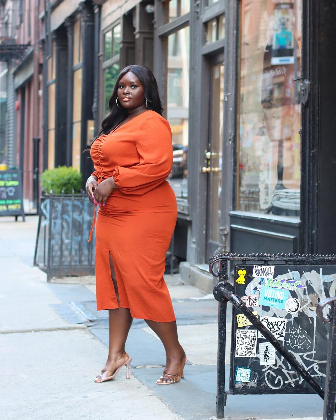 Rust Ruched Midi Dress + Clear Heeled Sandals