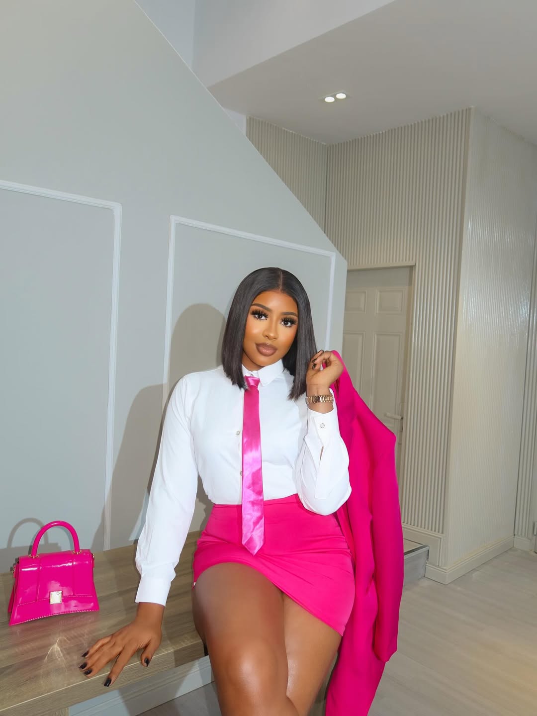 Satin Tie + Hot-Pink Mini Skirt