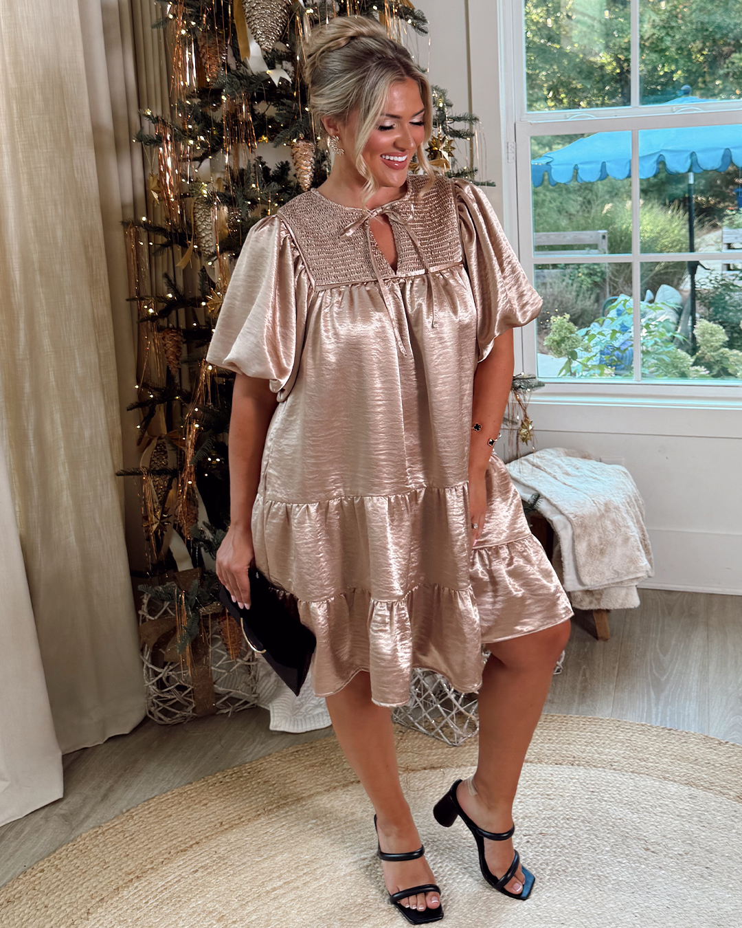 Shimmered Champagne Tiered Dress + Minimal Black Heels