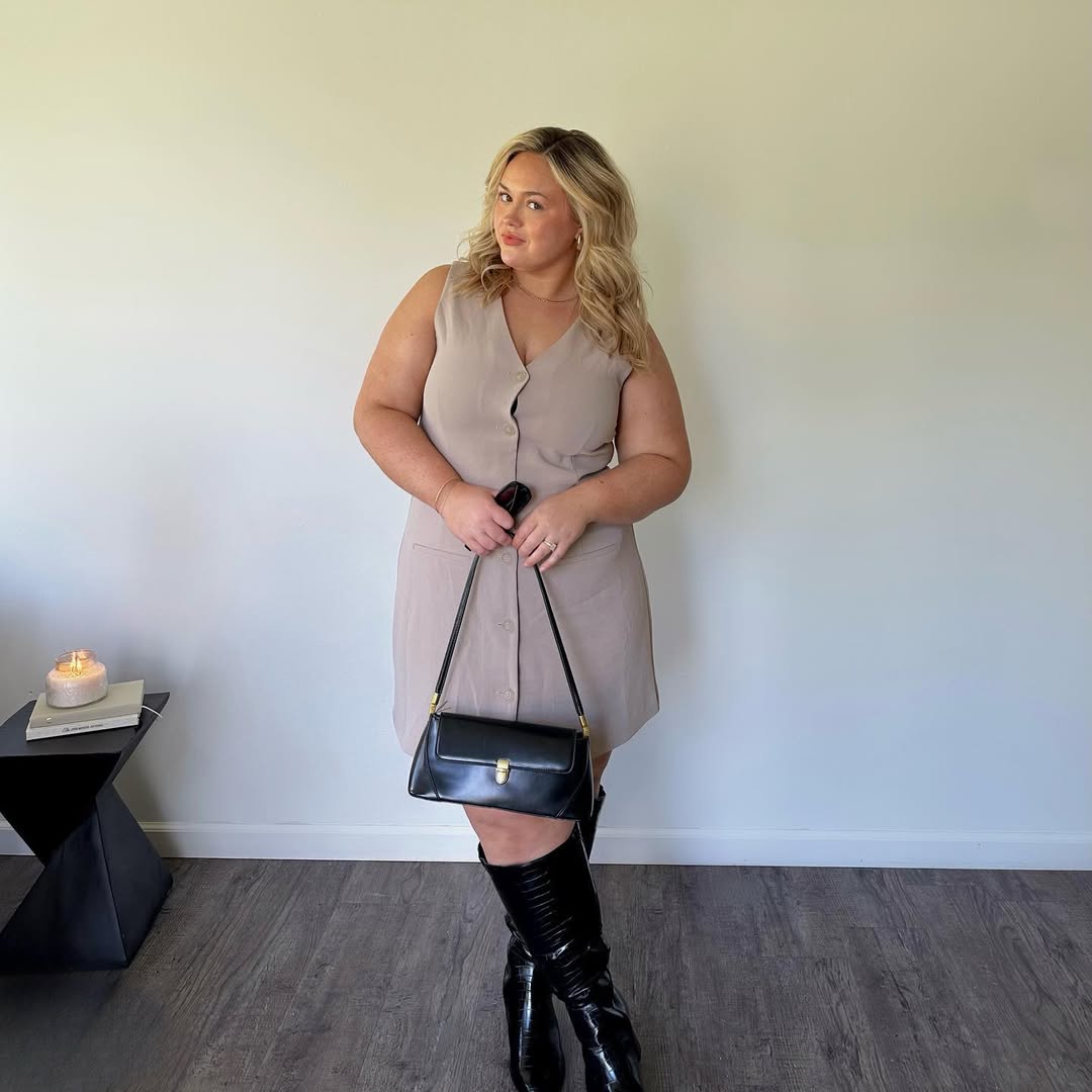 Sleeveless Button Dress + High-Shine Knee Boots
