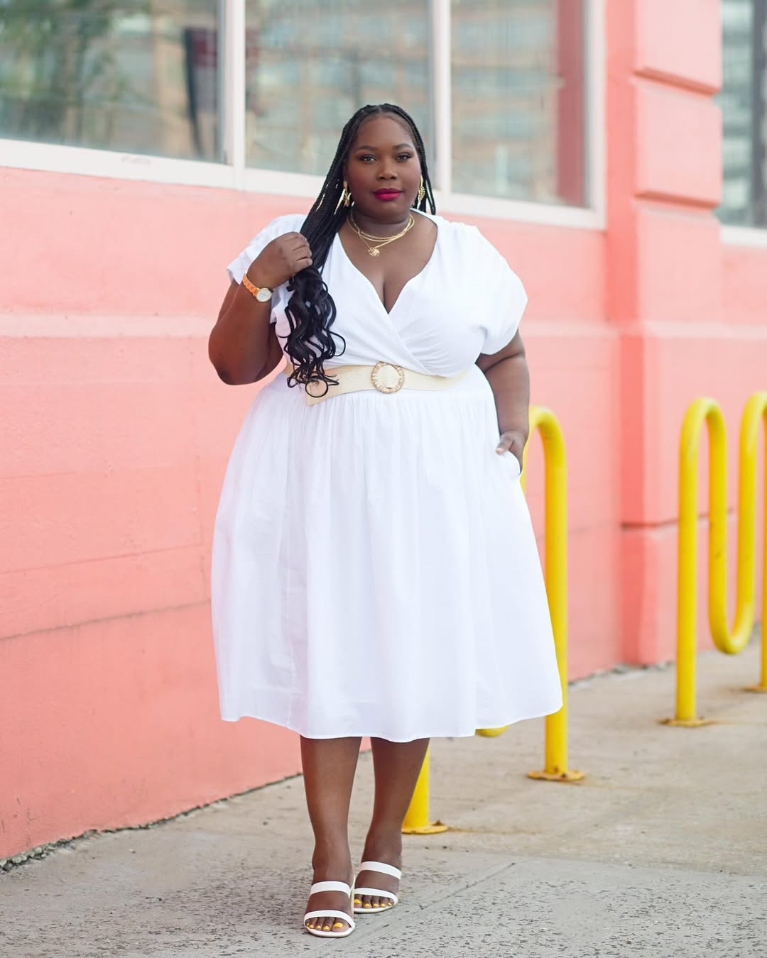 Soft White Wrap Dress + Woven Statement Belt