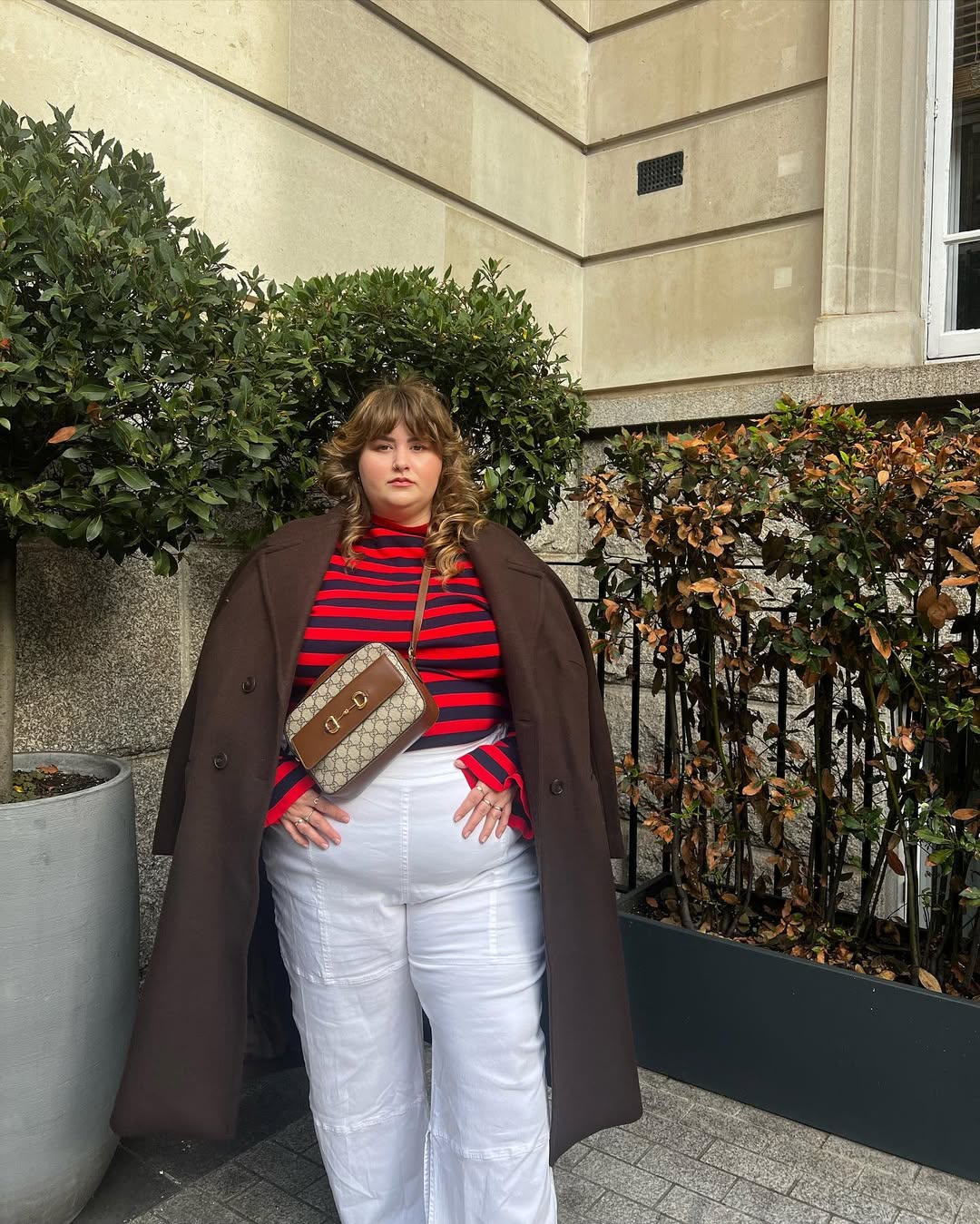 Chocolate Wool Coat + Striped Knit Layering