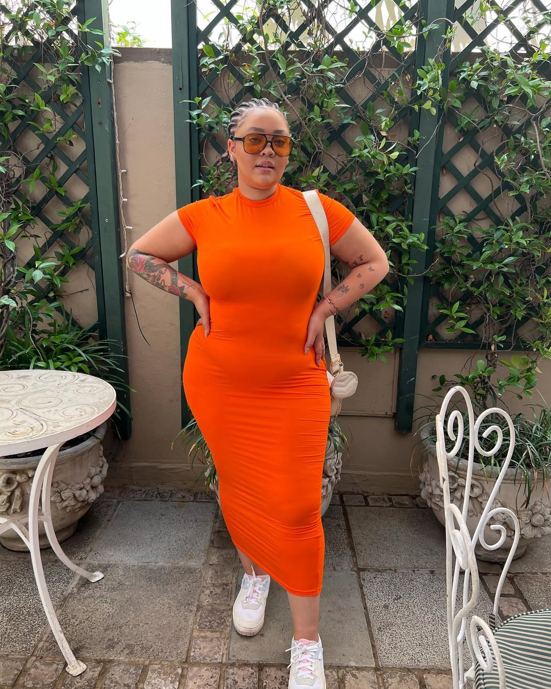 Bright Bodycon Dress + Sporty Sneakers